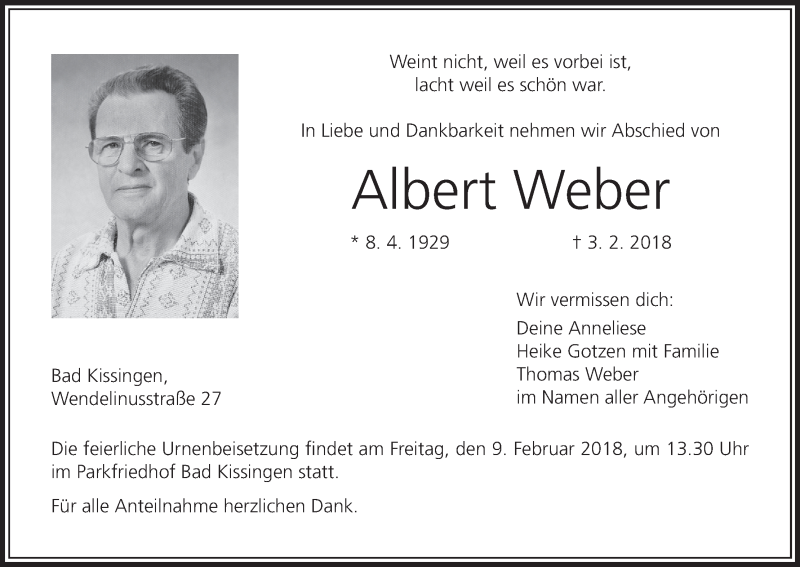  Traueranzeige für Albert Weber vom 07.02.2018 aus MGO