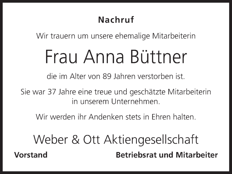  Traueranzeige für Anna Büttner vom 27.02.2018 aus MGO