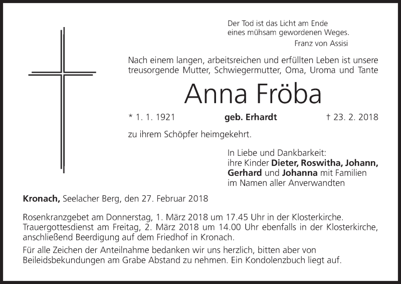  Traueranzeige für Anna Fröba vom 27.02.2018 aus MGO