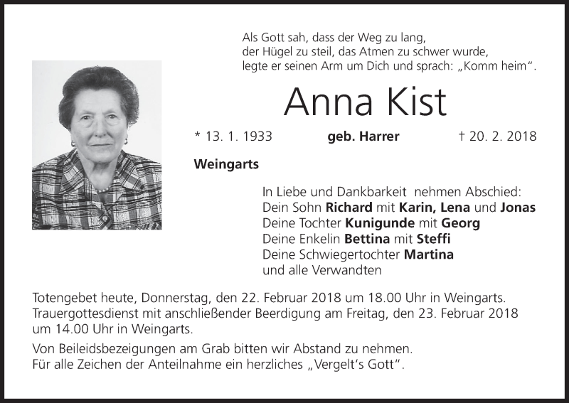  Traueranzeige für Anna Kist vom 22.02.2018 aus MGO