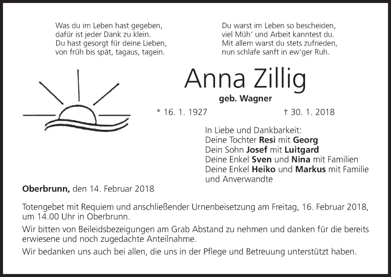  Traueranzeige für Anna Zillig vom 14.02.2018 aus MGO