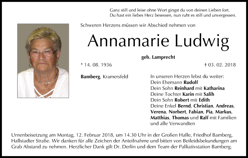  Traueranzeige für Annamarie Ludwig vom 09.02.2018 aus MGO