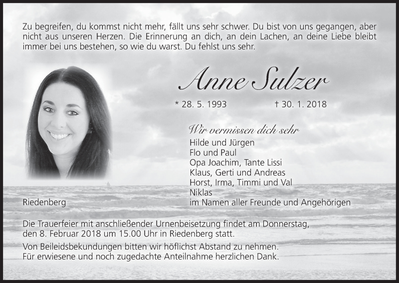  Traueranzeige für Anne Sulzer vom 03.02.2018 aus MGO
