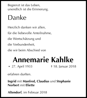 Anzeige von Annemarie Kahlke von MGO