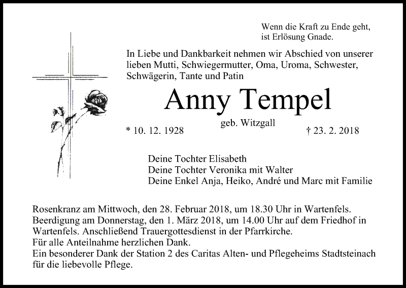  Traueranzeige für Anny Tempel vom 27.02.2018 aus MGO