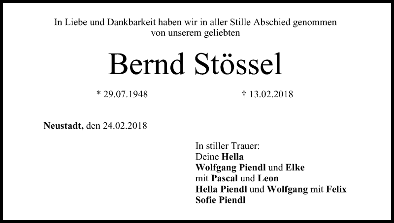  Traueranzeige für Bernd Stössel vom 24.02.2018 aus MGO