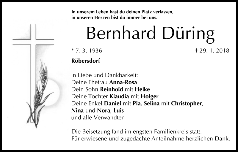  Traueranzeige für Bernhard Düring vom 10.02.2018 aus MGO