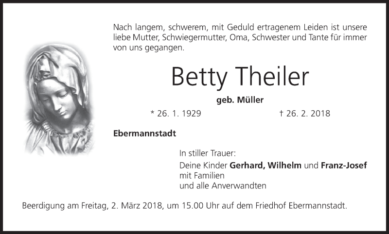  Traueranzeige für Betty Theiler vom 28.02.2018 aus MGO