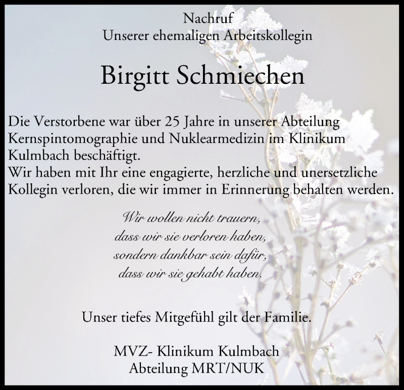  Traueranzeige für Birgitt Schmiechen vom 10.02.2018 aus MGO