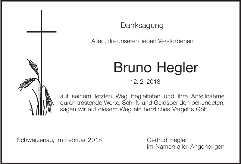  Traueranzeige für Bruno Hegler vom 24.02.2018 aus MGO
