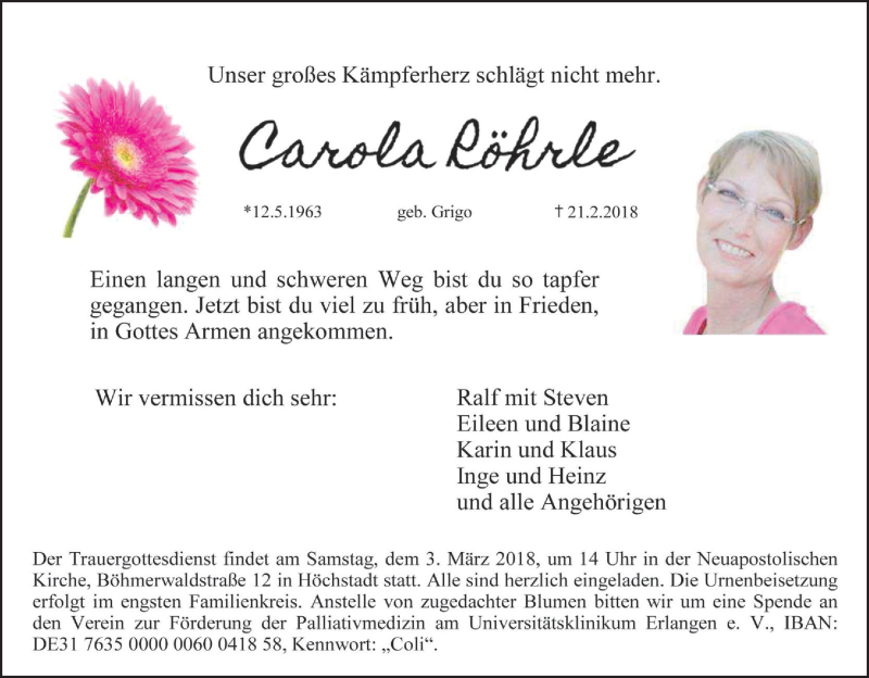  Traueranzeige für Carola Röhrle vom 24.02.2018 aus MGO