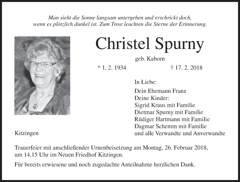  Traueranzeige für Christel Spurny vom 24.02.2018 aus MGO