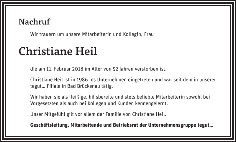  Traueranzeige für Christiane Heil vom 15.02.2018 aus MGO