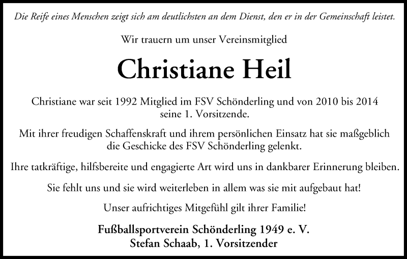  Traueranzeige für Christiane Heil vom 16.02.2018 aus MGO