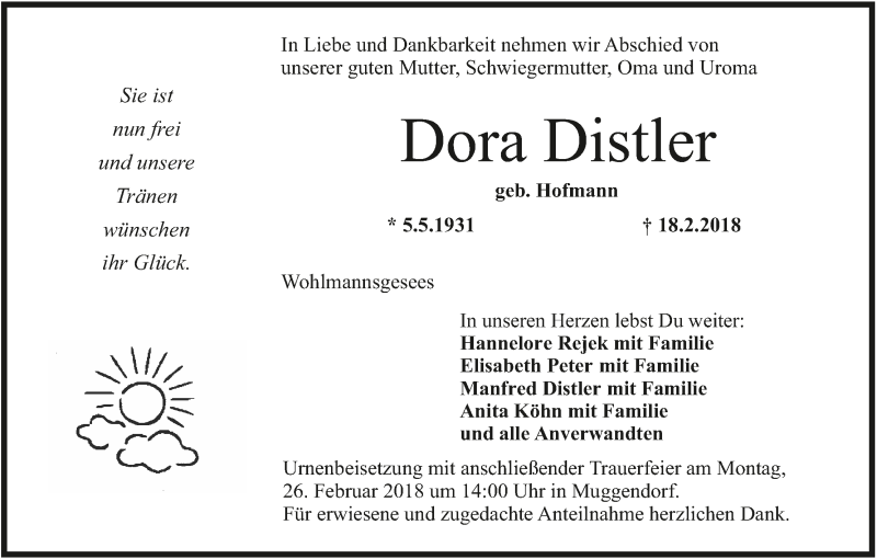  Traueranzeige für Dora Distler vom 23.02.2018 aus MGO