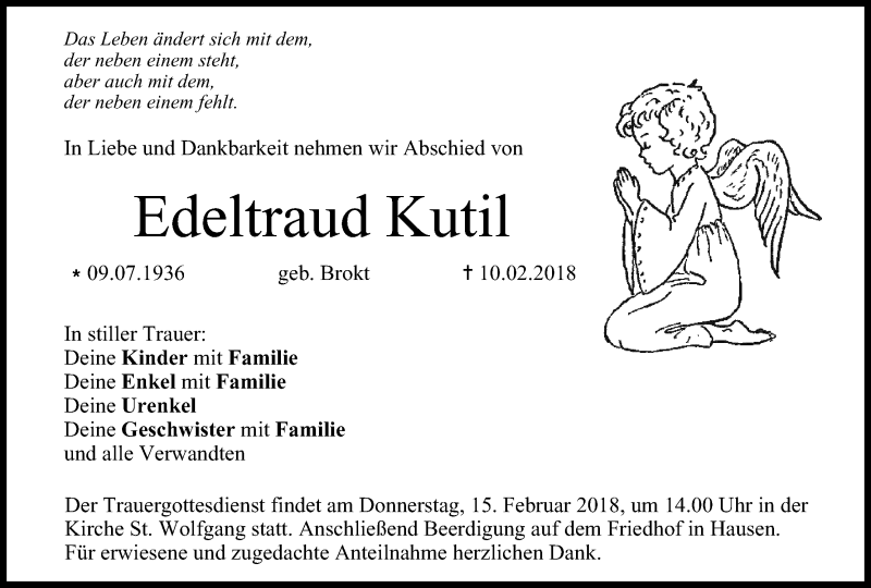  Traueranzeige für Edeltraud Kutil vom 13.02.2018 aus MGO