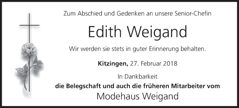  Traueranzeige für Edith Weigand vom 27.02.2018 aus MGO