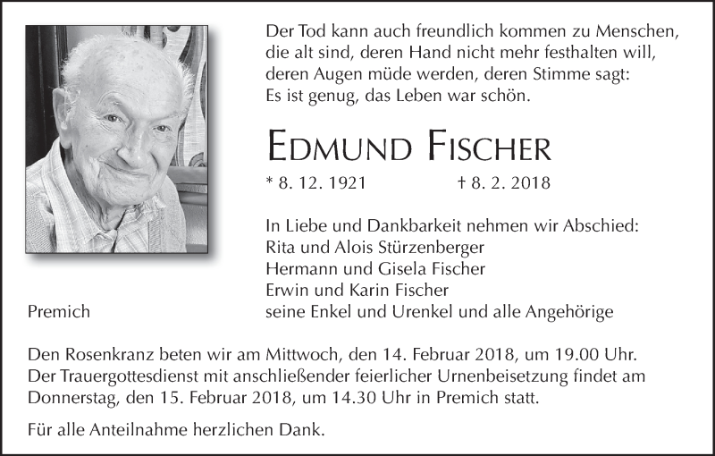  Traueranzeige für Edmund Fischer vom 10.02.2018 aus MGO