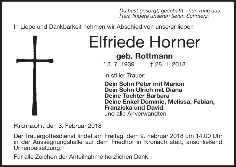  Traueranzeige für Elfriede Horner vom 03.02.2018 aus MGO