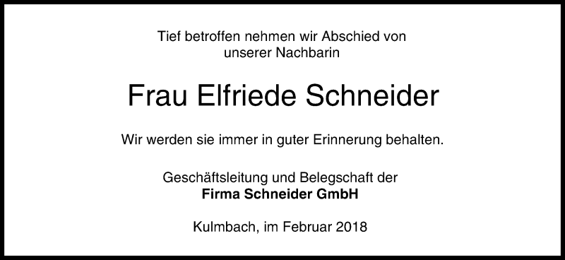  Traueranzeige für Elfriede Schneider vom 01.02.2018 aus MGO