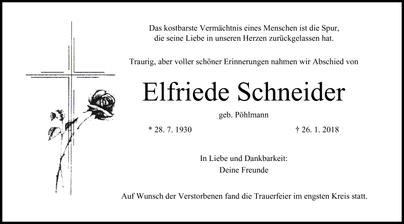  Traueranzeige für Elfriede Schneider vom 01.02.2018 aus MGO