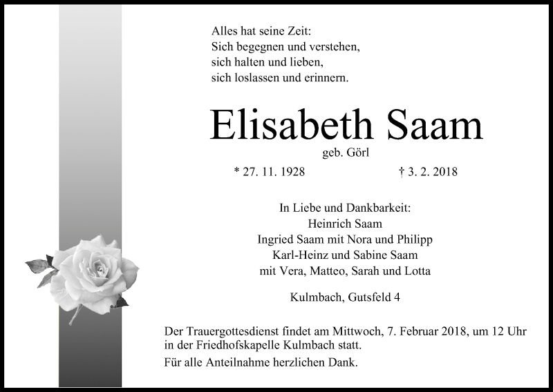  Traueranzeige für Elisabeth Saam vom 06.02.2018 aus MGO