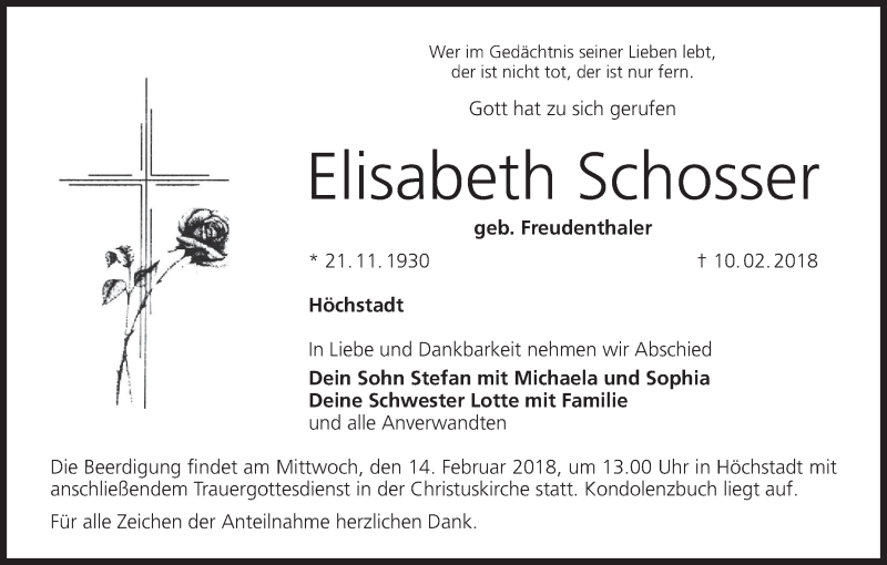  Traueranzeige für Elisabeth Schosser vom 13.02.2018 aus MGO