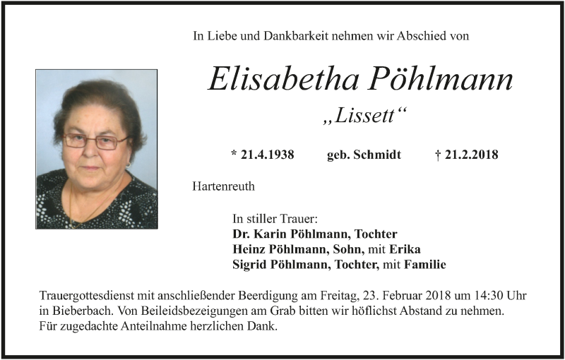  Traueranzeige für Elisabetha Pöhlmann vom 22.02.2018 aus MGO