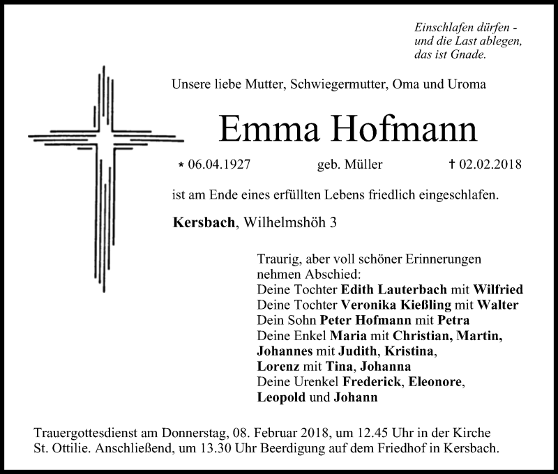  Traueranzeige für Emma Hofmann vom 06.02.2018 aus MGO