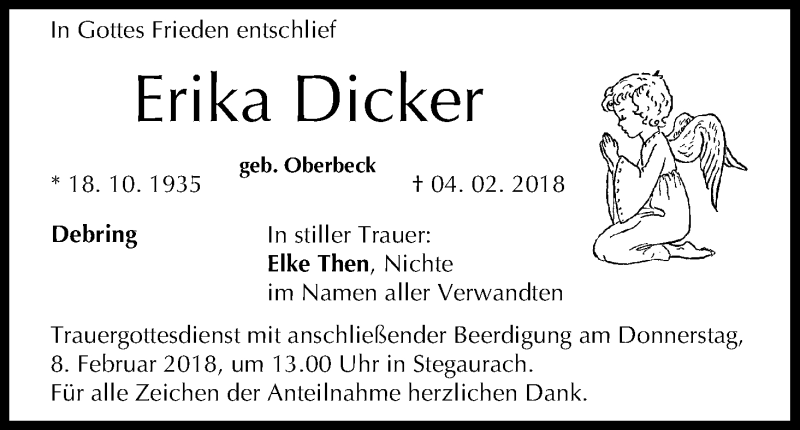 Traueranzeige für Erika Dicker vom 07.02.2018 aus MGO