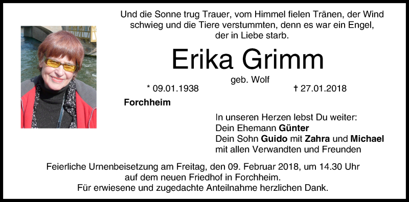  Traueranzeige für Erika Grimm vom 03.02.2018 aus MGO