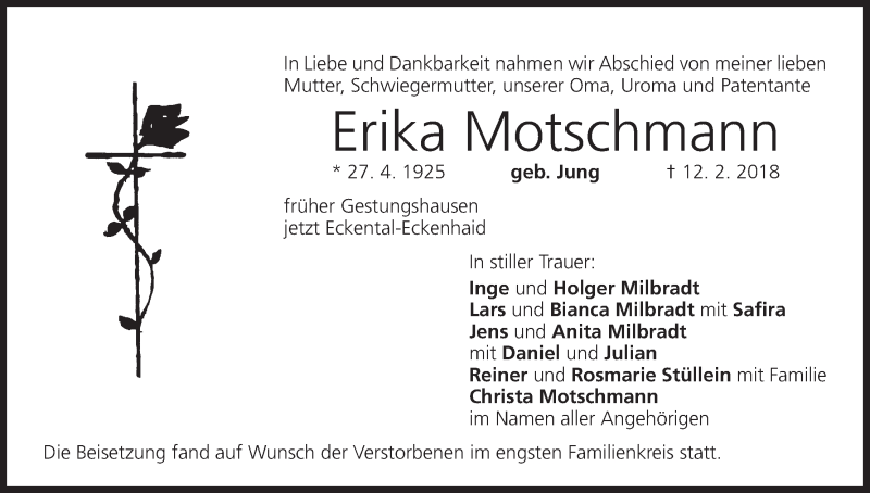  Traueranzeige für Erika Motschmann vom 17.02.2018 aus MGO