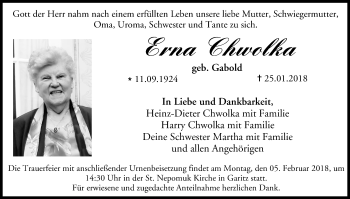 Anzeige von Erna Chwolka von MGO