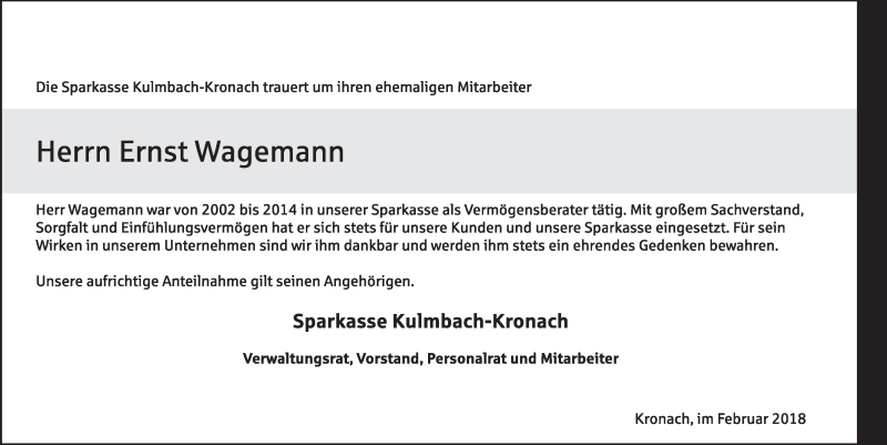  Traueranzeige für Ernst Wagemann vom 21.02.2018 aus MGO