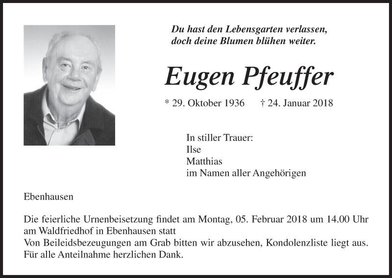  Traueranzeige für Eugen Pfeuffer vom 03.02.2018 aus MGO