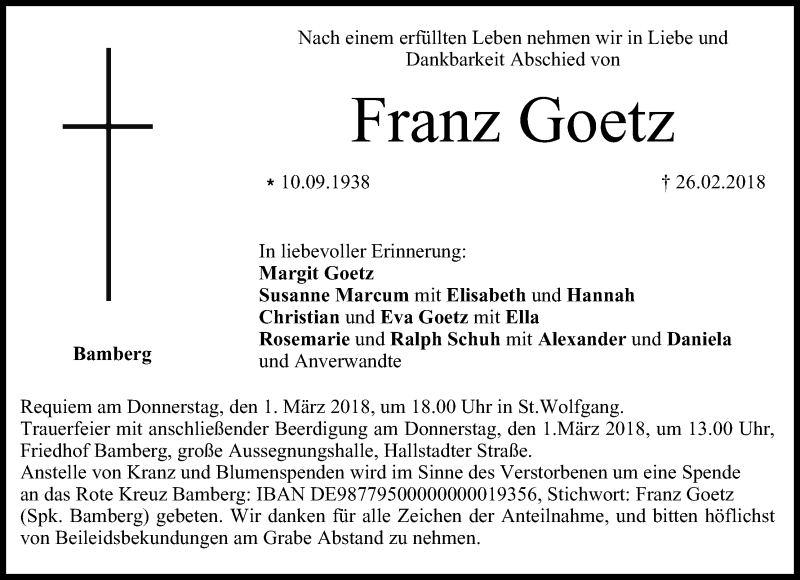  Traueranzeige für Franz Goetz vom 28.02.2018 aus MGO