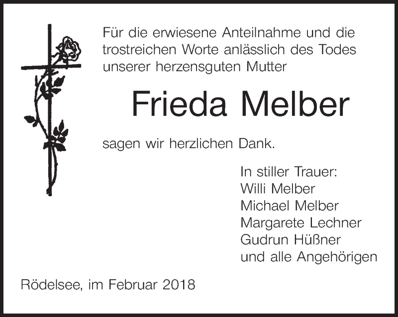  Traueranzeige für Frieda Melber vom 10.02.2018 aus MGO