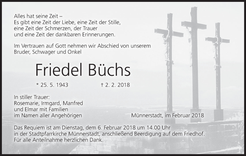  Traueranzeige für Friedel Büchs vom 03.02.2018 aus MGO