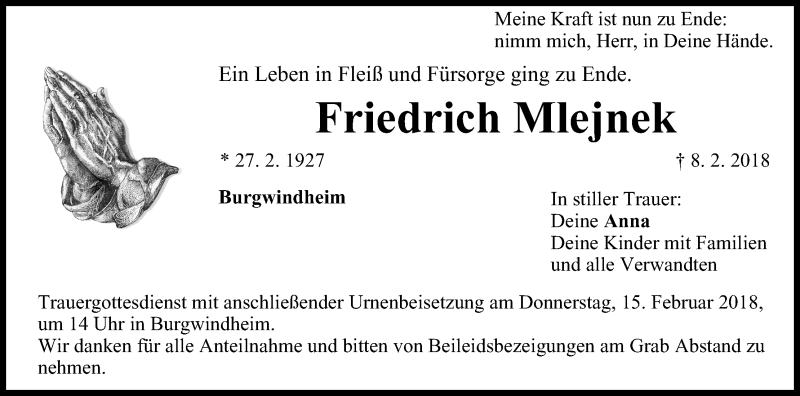  Traueranzeige für Friedrich Mlejnek vom 12.02.2018 aus MGO