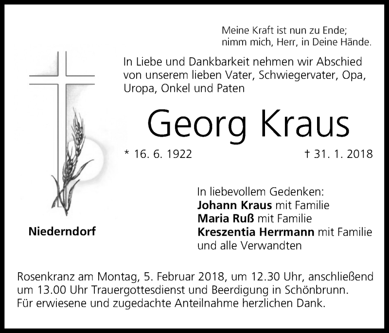  Traueranzeige für Georg Kraus vom 01.02.2018 aus MGO