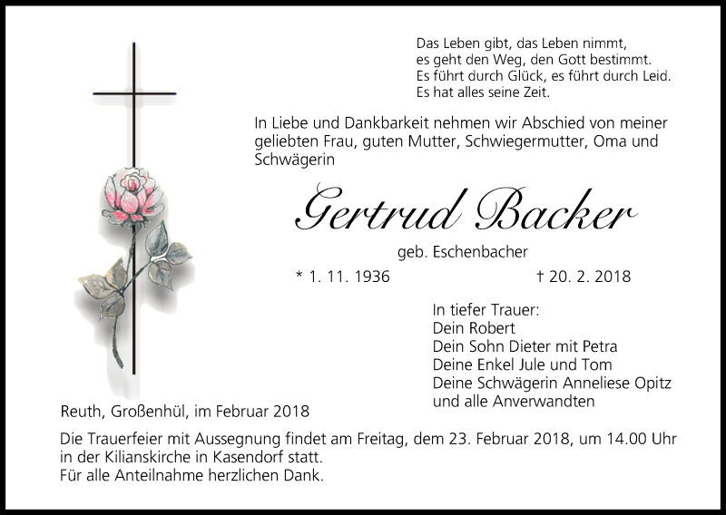  Traueranzeige für Gertrud Backer vom 22.02.2018 aus MGO