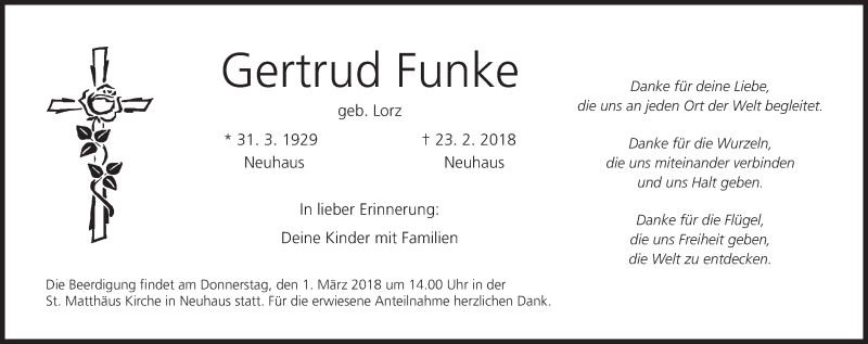  Traueranzeige für Gertrud Funke vom 27.02.2018 aus MGO