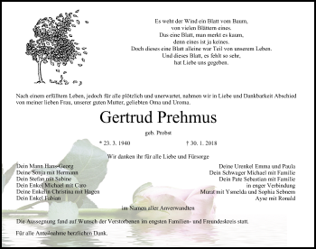 Anzeige von Gertrud Prehmus von MGO