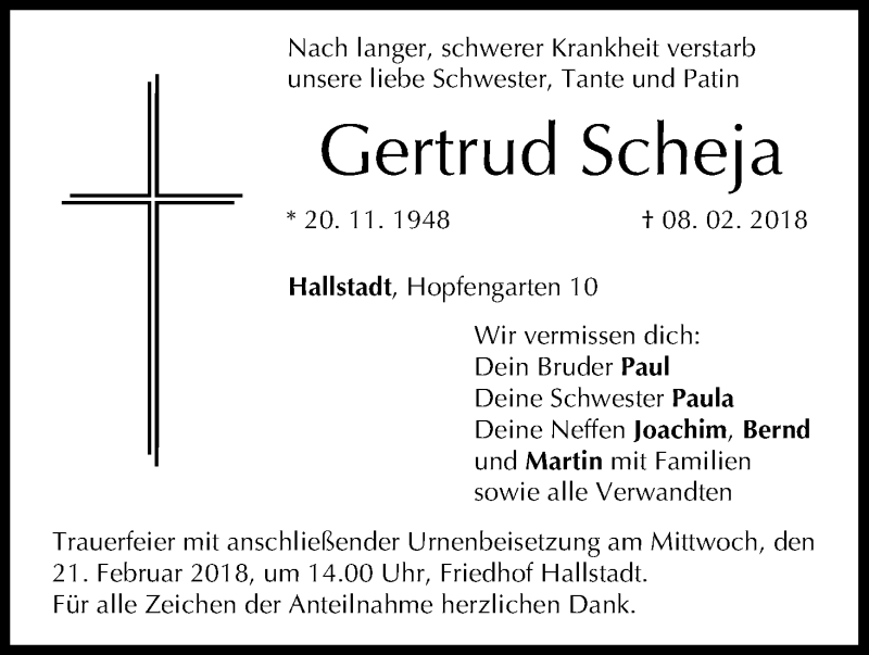  Traueranzeige für Gertrud Scheja vom 10.02.2018 aus MGO