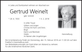 Anzeige von Gertrud Weinelt von MGO