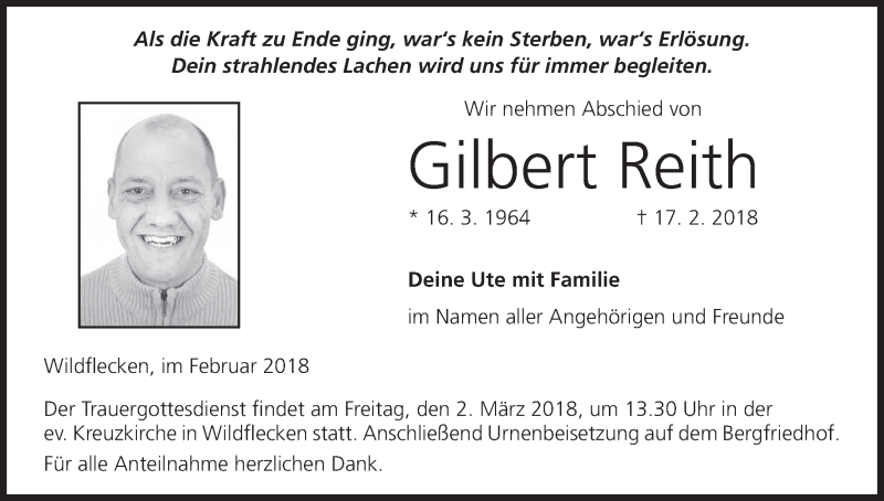  Traueranzeige für Gilbert Reith vom 24.02.2018 aus MGO