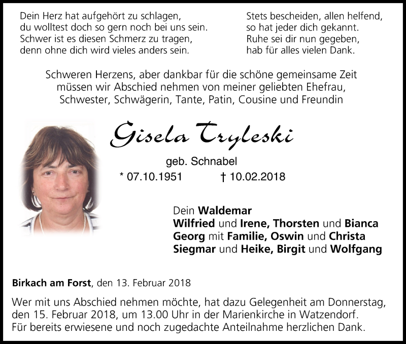  Traueranzeige für Gisela Tryleski vom 13.02.2018 aus MGO