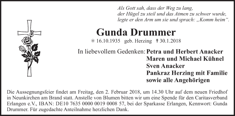  Traueranzeige für Gunda Drummer vom 01.02.2018 aus MGO