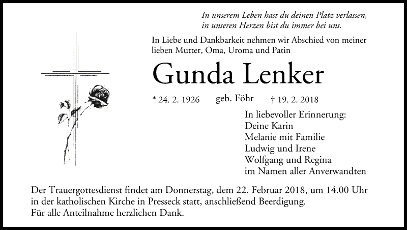  Traueranzeige für Gunda Lenker vom 21.02.2018 aus MGO