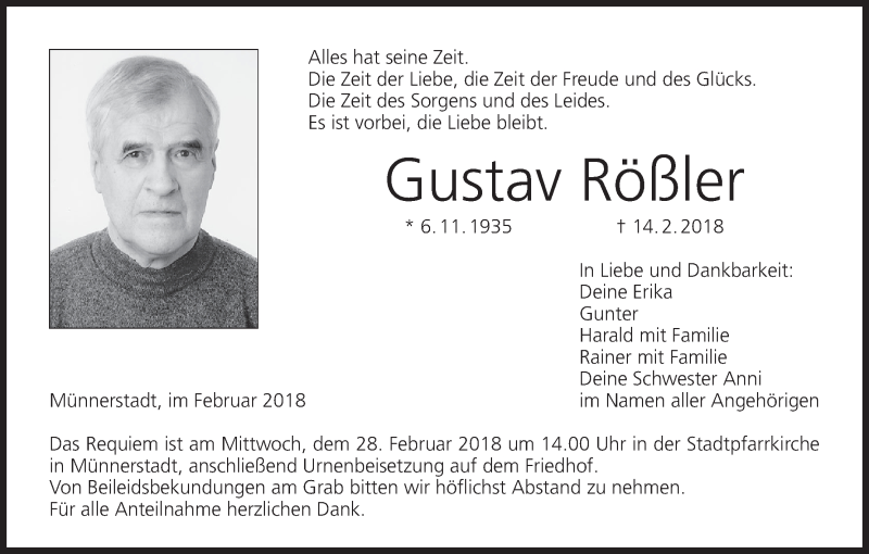  Traueranzeige für Gustav Rößler vom 24.02.2018 aus MGO